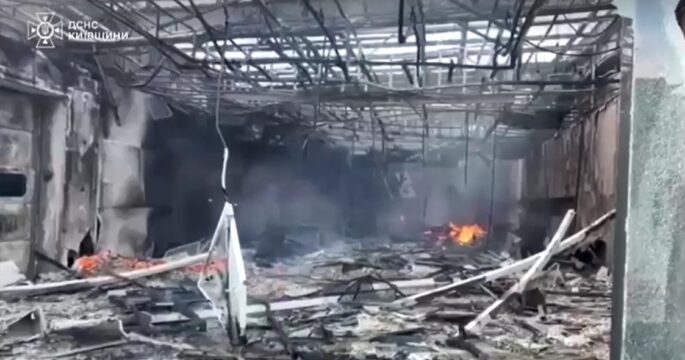 Firefighters combat blaze in Kyiv after Russian drone attack