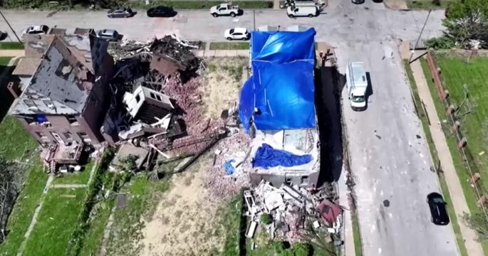 Drone video shows tornado-toppled trees, damaged roofs in St. Louis