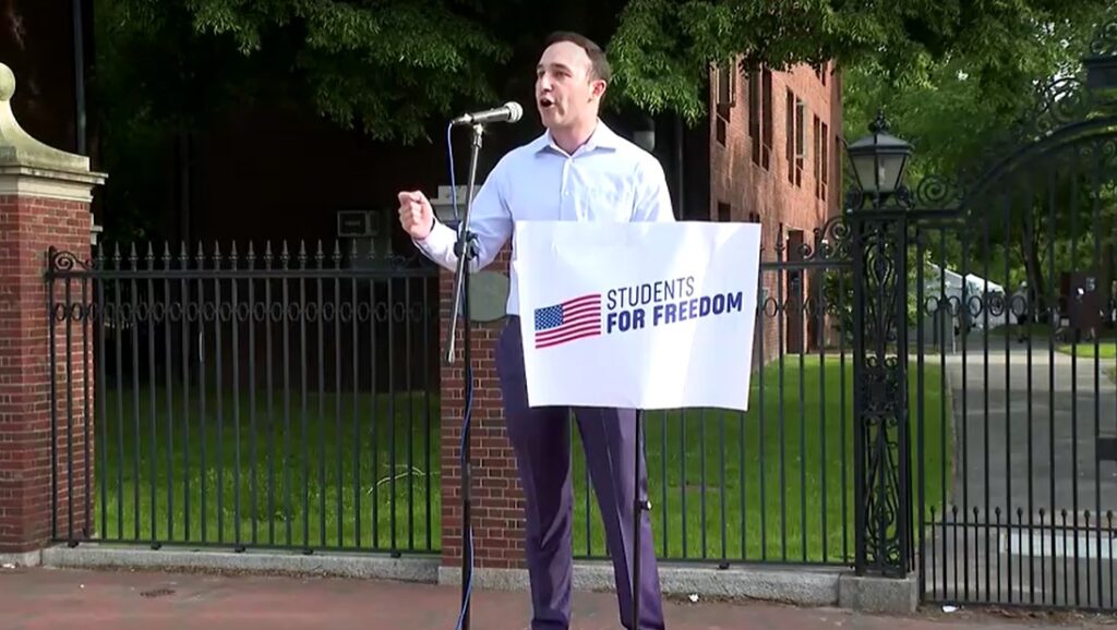Harvard Hillel President Student speaks in front of Harvard