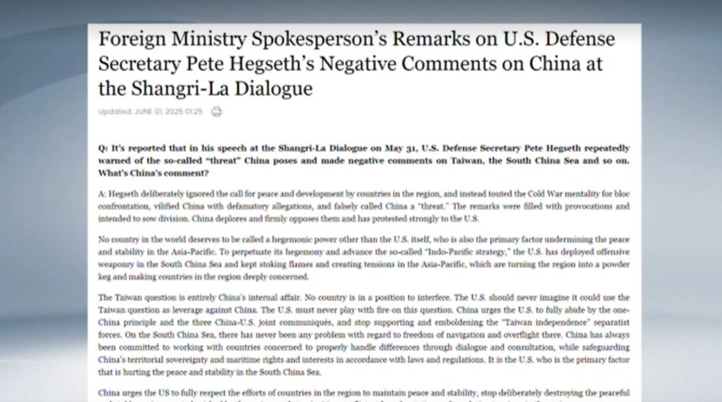 China warns U.S. not to 'play with fire' over Pentagon chief's remarks