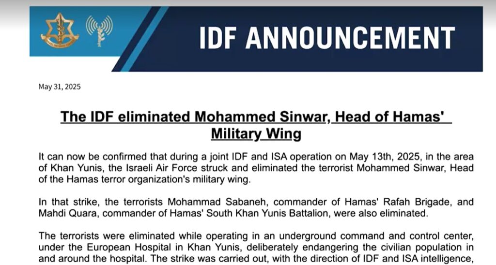 Israeli military says it killed Hamas military leader Mohammed Sinwar