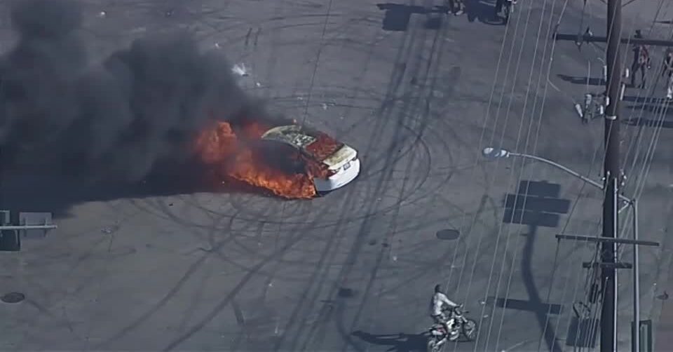Aerial footage shows car on fire during anti-ICE protests in California