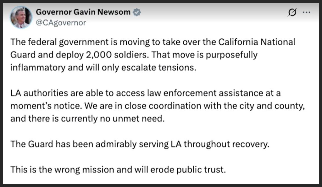 California Governor posts against Trump's decision to send troop to LA