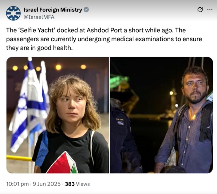 Israel releases first images of Greta Thunberg after interception of the Freedom Flotilla