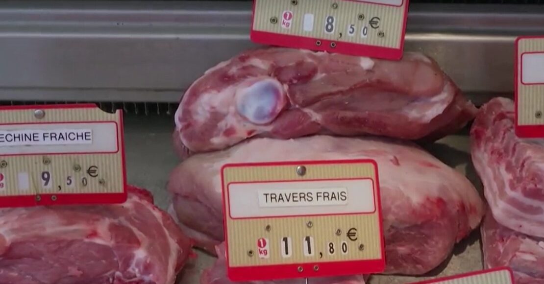 pork in market stall with price shown in euro