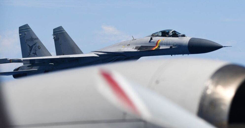 Chinese J-15 warplane approaches Japanese P-3C patrol aircraft on June 8, 2025