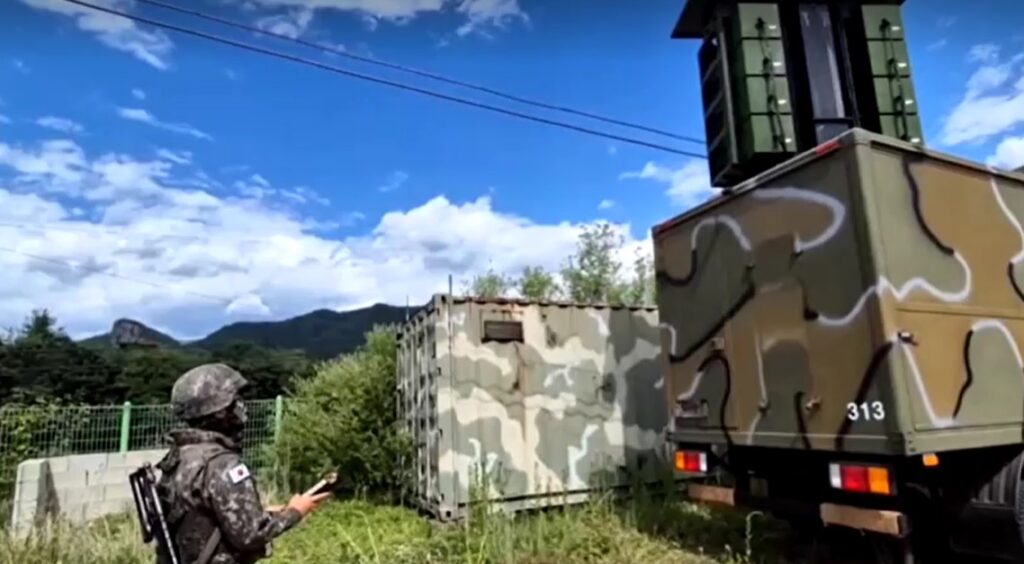 South Korean soldier monitors loudspeaker broadcasts aimed at North Korea