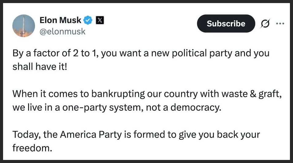 Musk says 'America Party' is formed in US