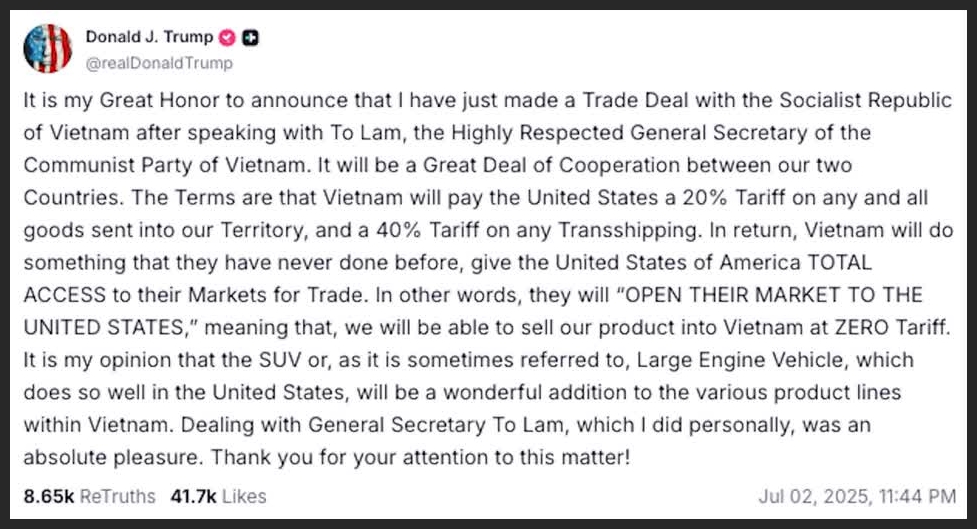 Trump announces 20% tariff on Vietnam exports