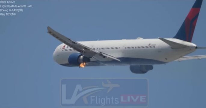Flames are seen spitting out of the engine on Delta's plane