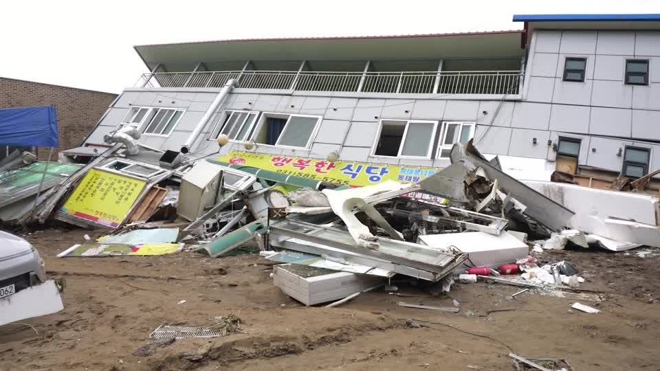 Restaurant damaged from torrential rain and flooding in South Korea