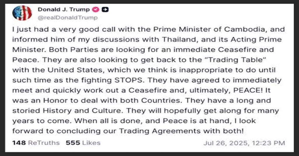 Trump says he is seeking a ceasefire between Thailand, Cambodia
