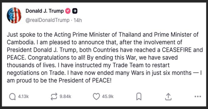 Trump's post on Thai-Cambodia agree on ceasefire