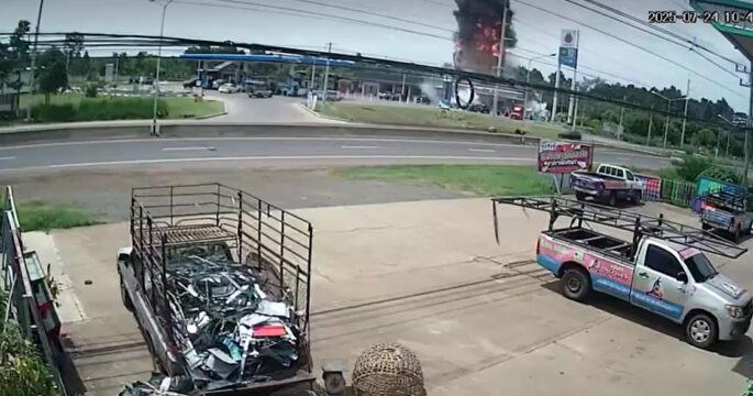 footage showing moment of blast as a gas station convenience store in Sisaket was hit