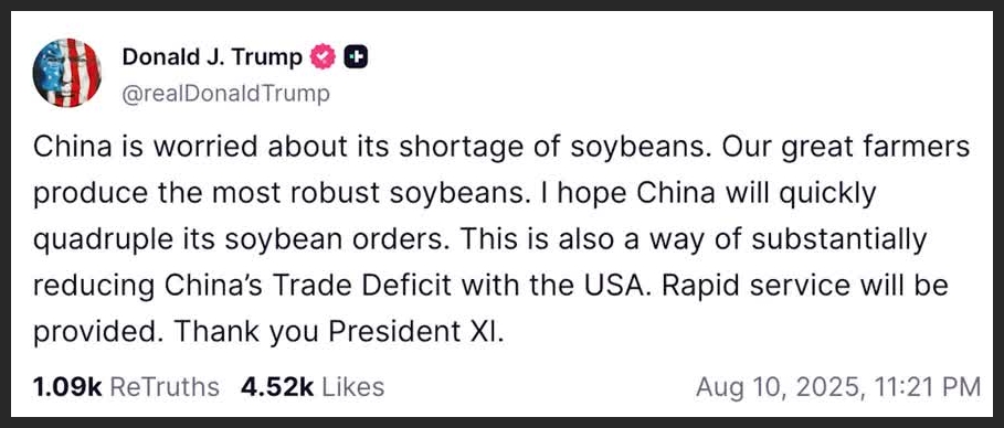 Trump says he hopes China will quickly quadruple its US soybean orders