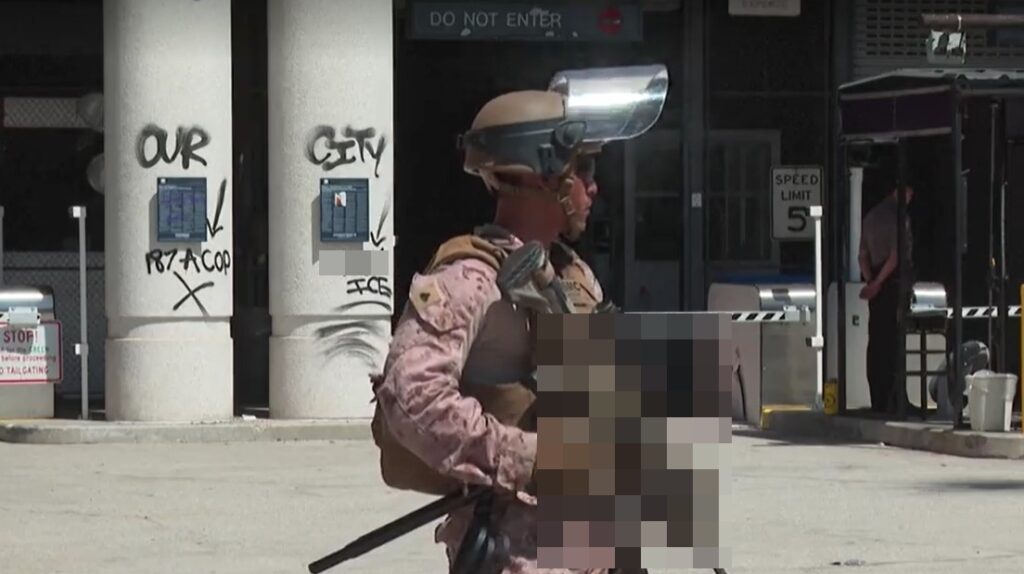 USMC guards outside a building in LA in June 2025 blurred