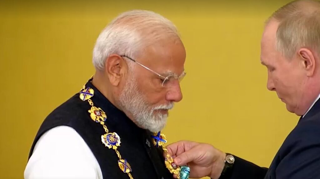 Narendra Modi receives award from Vladimir Putin on the sidelines of the 16th BRICS Summit in Kasan on October 22, 2024
