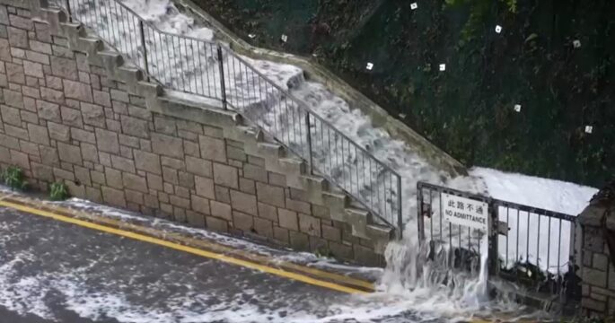 Waterfall caused by heavy rain in Hong Kong