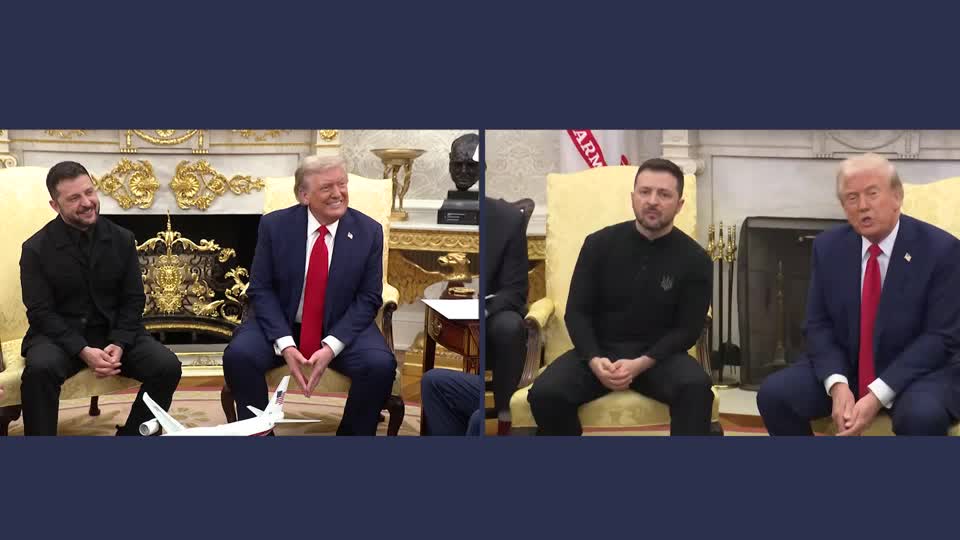 Split screen of meeting between Trump and Zelenskiy on Aug 18 and Feb 28
