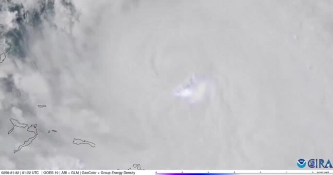Satellite imagery shows lightning flashes as Hurricane Erin passes near the Caribbean