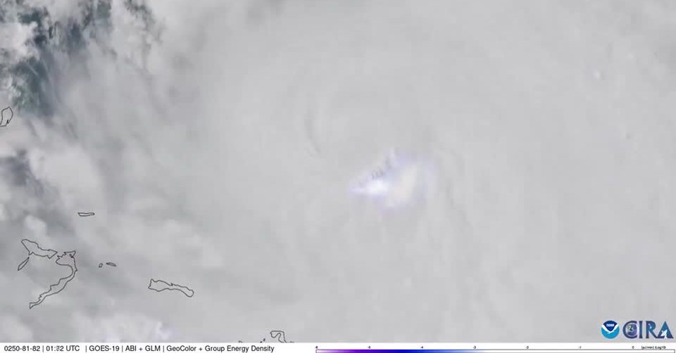 Satellite imagery shows lightning flashes as Hurricane Erin passes near the Caribbean