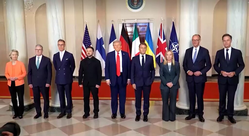 Group photo of Zelenskiy meeting Trump and European allies in White House