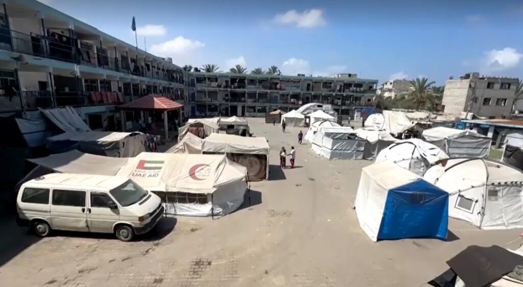 Tents in a school-turned shelter in Gaza