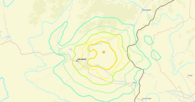 Close up map of earthquake 6.0 in Afganistan