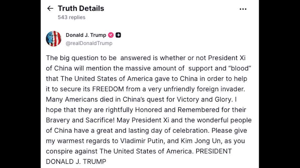 Trump Truth Social post to to China's Xi: "give my warmest regards to Vladamir Putin and Kim Jong Un as you conspire against the U.S.