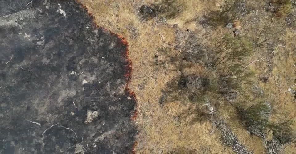 drone view of wildfire burning