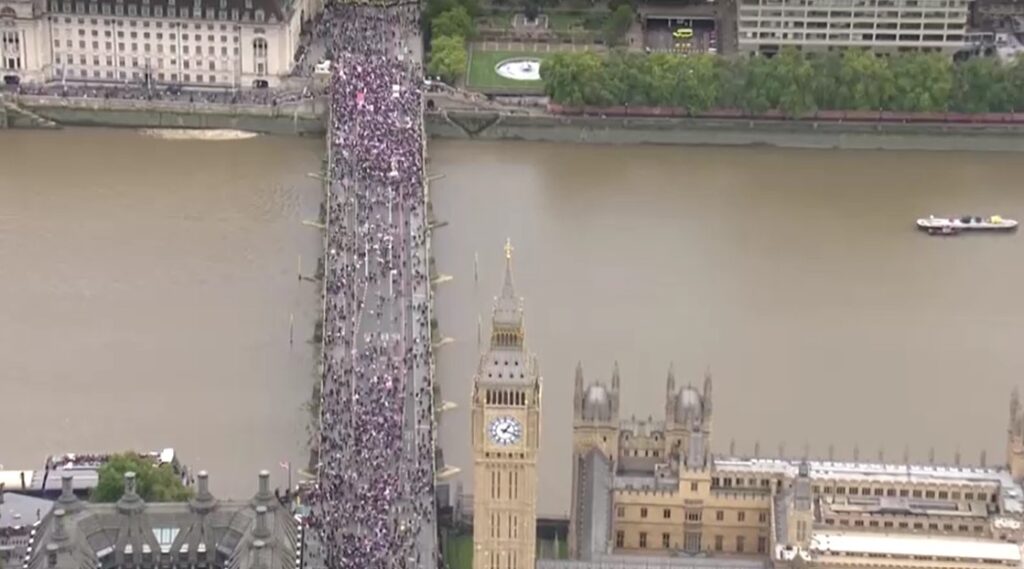 Aerials over central London as thousands march on Westminster Bridge
