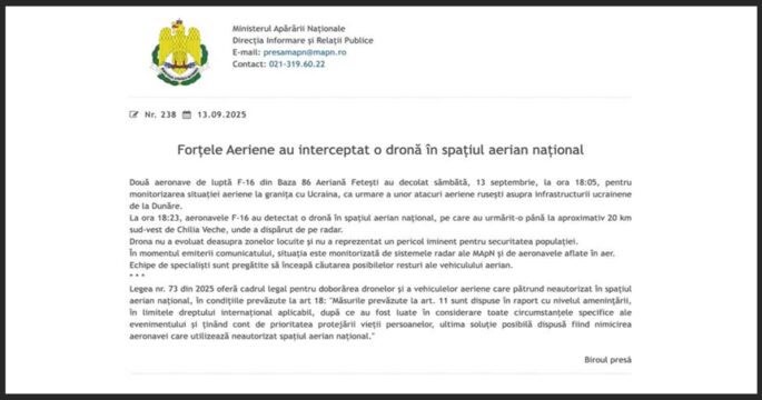 Drone breaches Romanian airspace during Russian attack on neighboring Ukraine