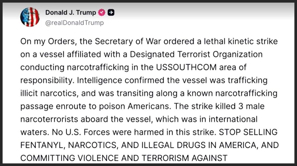 Trump order third US vessel strike in SOUTHCOM's area of responsibility, killing 3
