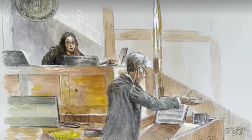 Court sketch showing Ryan Routh who is accused of trying to kill U.S. President Donald Trump, representing himself during trial