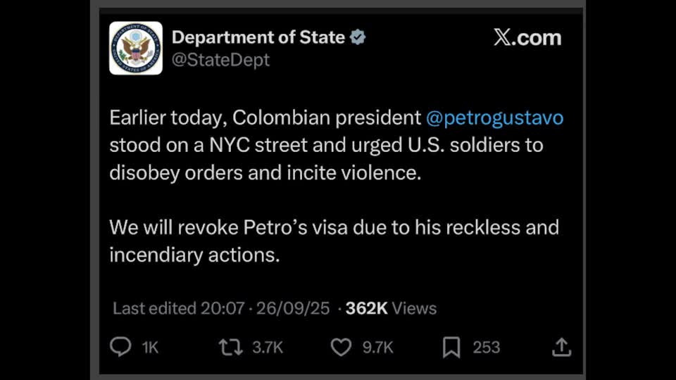 US to revoke Colombia President Petro's visa over 'reckless' actions in New York