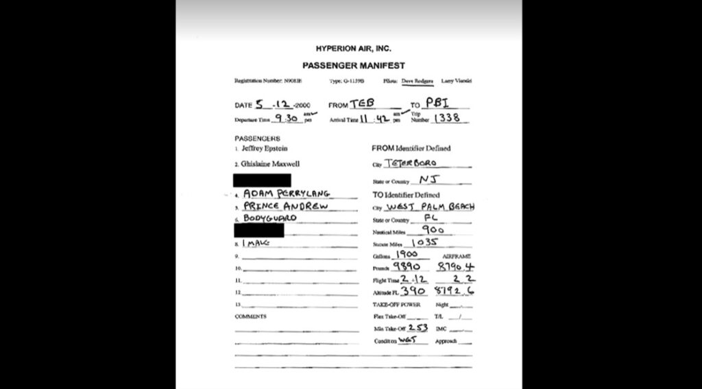 A flight manifest records that Prince Andrew was on a flight with Epstein in May 2000
